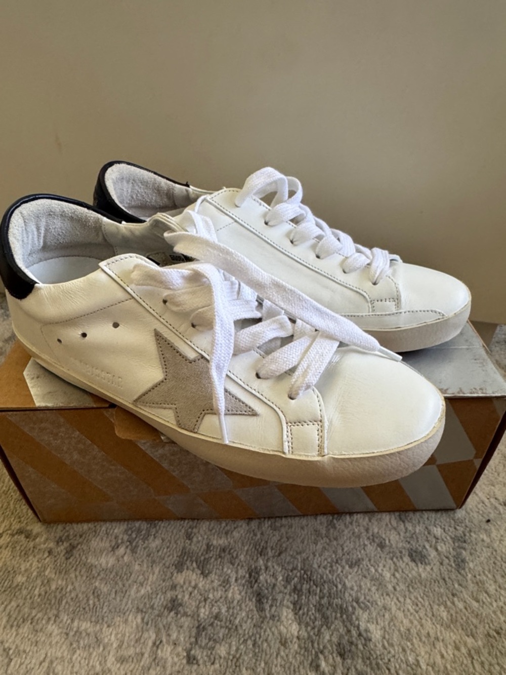 New in box Golden Goose Superstar White Sneakers with Blue and Gold Lettering